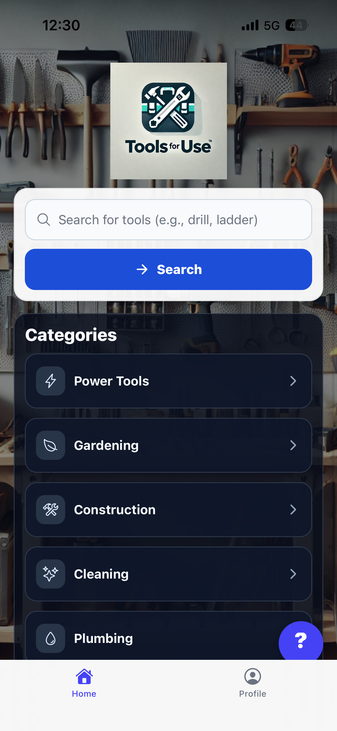 ToolsForUse marketplace app screen — TOOLSFORUSE