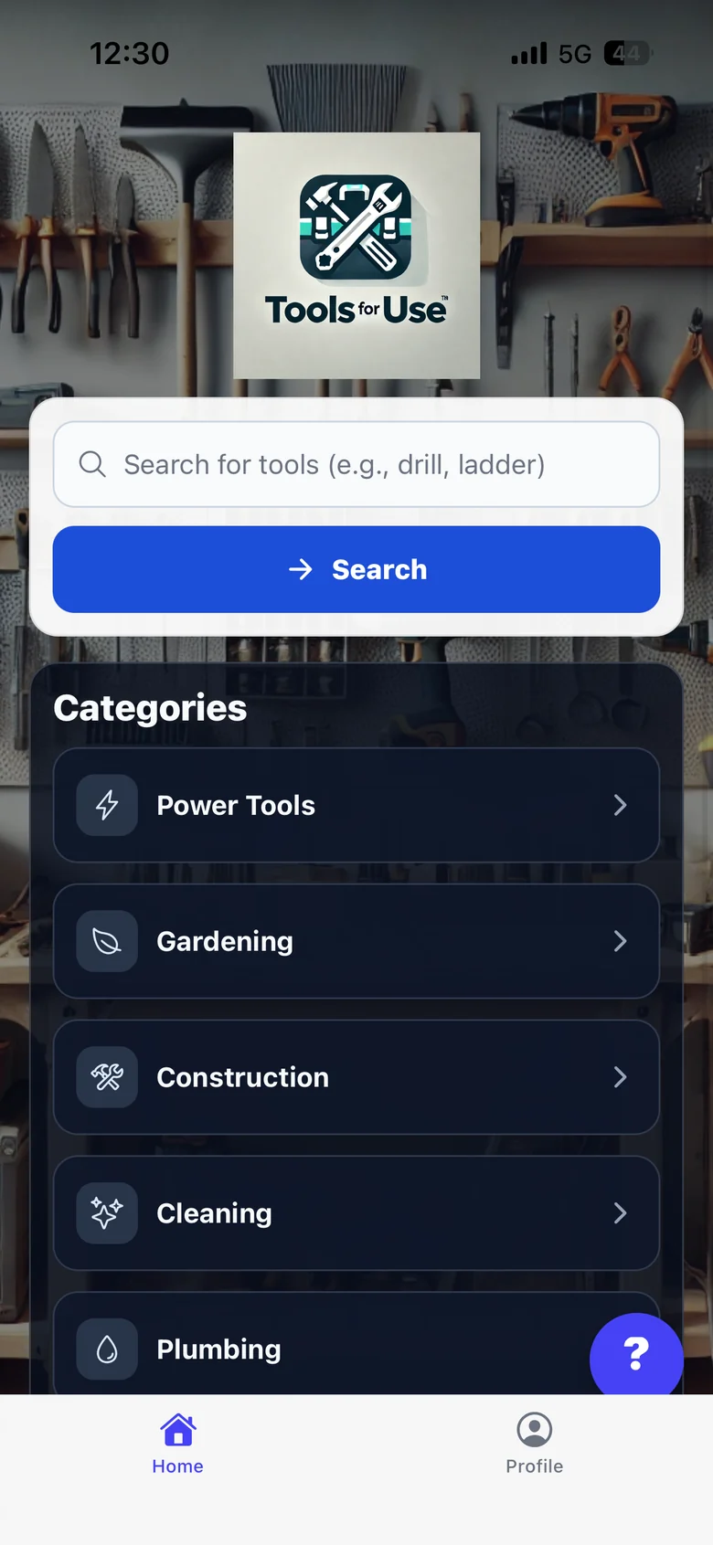 ToolsForUse marketplace app screen — TOOLSFORUSE