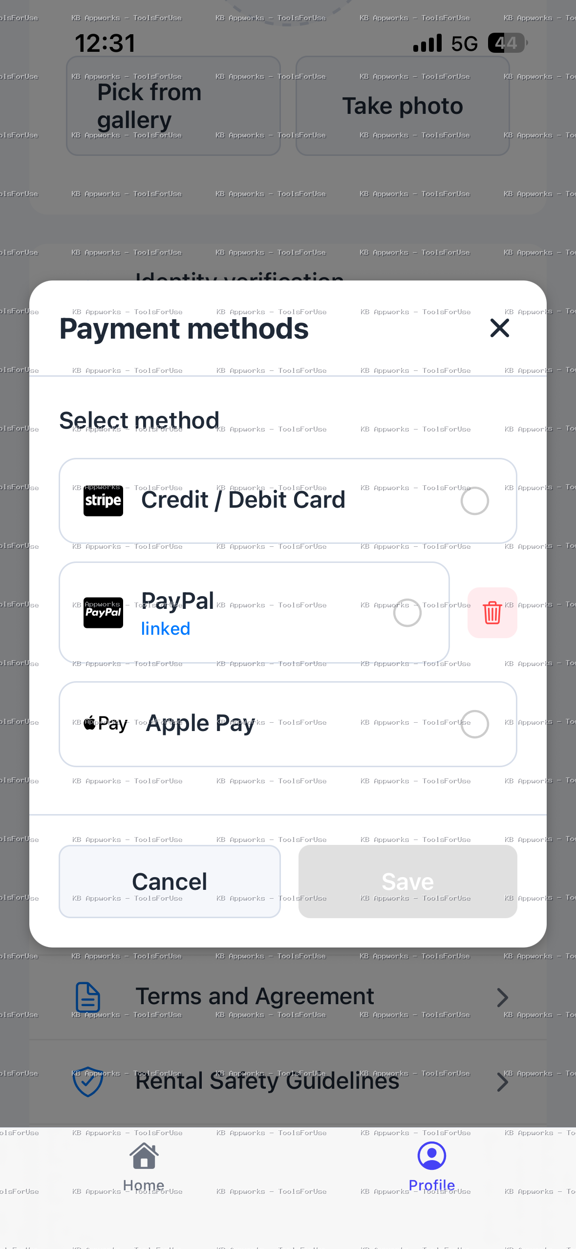 Payments/rental flow ToolsForUse app screenshot